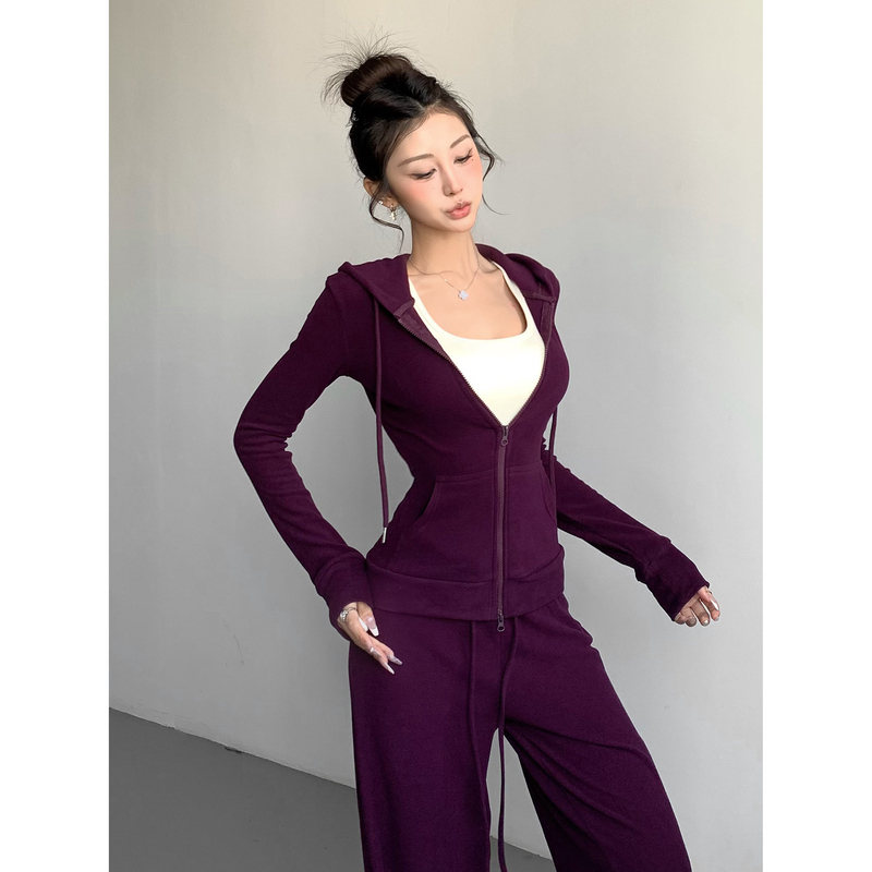 Cotton American-Style Yoga Sports Slim-Fit Drawstring Pocket Hoodie for Women, Trendy Double-Zipper Hooded Sweatshirt Jacket