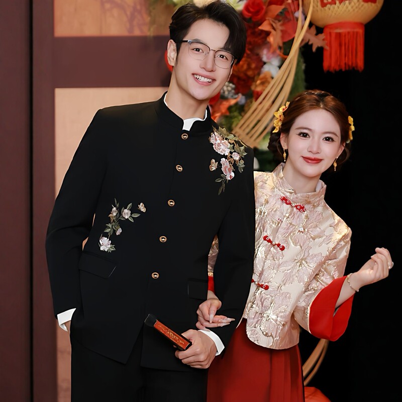 New Chinese-Style Men's Suit for Grooms, Wedding and Engagement Attire, Camellia Embroidery, Padded Shoulders, Spring and Autumn Suit Set New Chinese-Style Men's Suit for Grooms, Wedding and Engagement Attire, Camellia Embroidery, Padded Shoulders, Spring and Autumn Suit Set