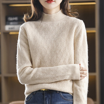 Autumn new pure wool knitted sweater semi-tall collar pullover sweater long sleeve thick velvet long loose