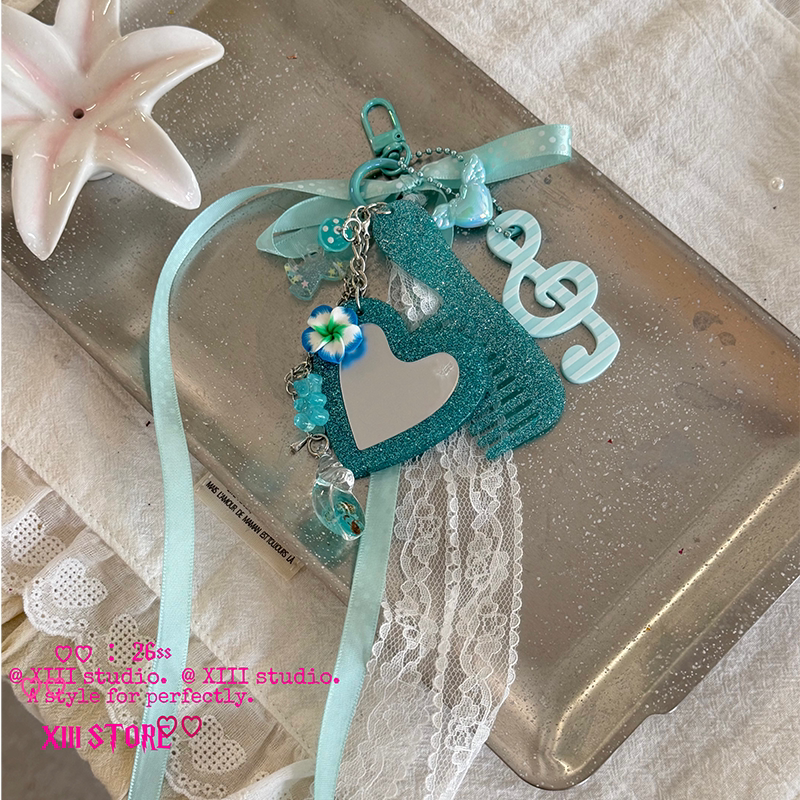 Xiiistore Sweet Y2K Heart Bag Pendant Light Blue Girly Keychain High-Value Phone Chain