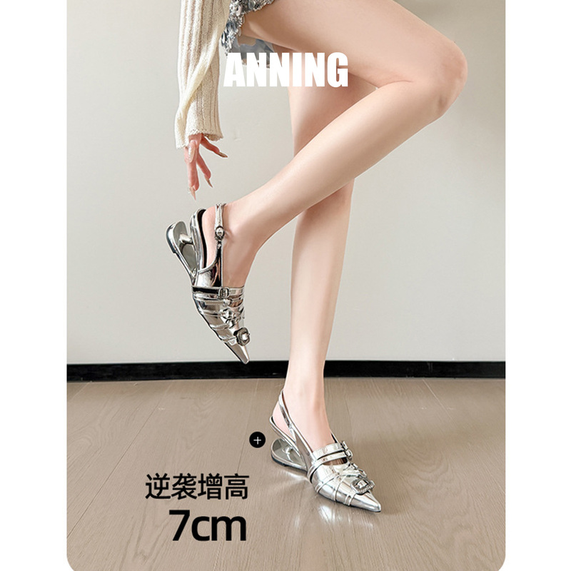 Sheepskin Version~Silver-Colored Closed-Toe Sandals for Women, Summer Hot-Selling Punk Style with Belt Buckle, Open-Back Pointed Toe, Thin High Heels