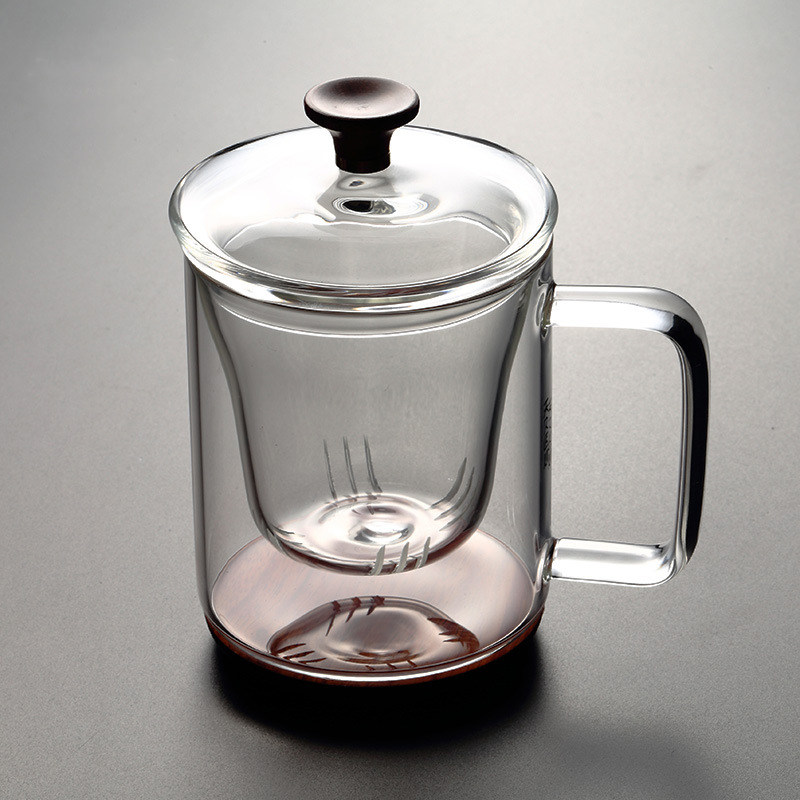 Wood glass three-piece cup Office filter drinking cup Heat-resistant glass flower tea cup with lid Tea cup Kung Fu tea maker