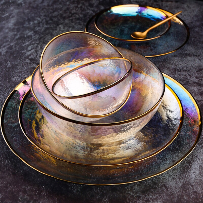 Creative Japanese Rainbow Ion Plating Hammer Glass Bowl Fruit Bowl Set Western Food Plate Glass Salad Bowl