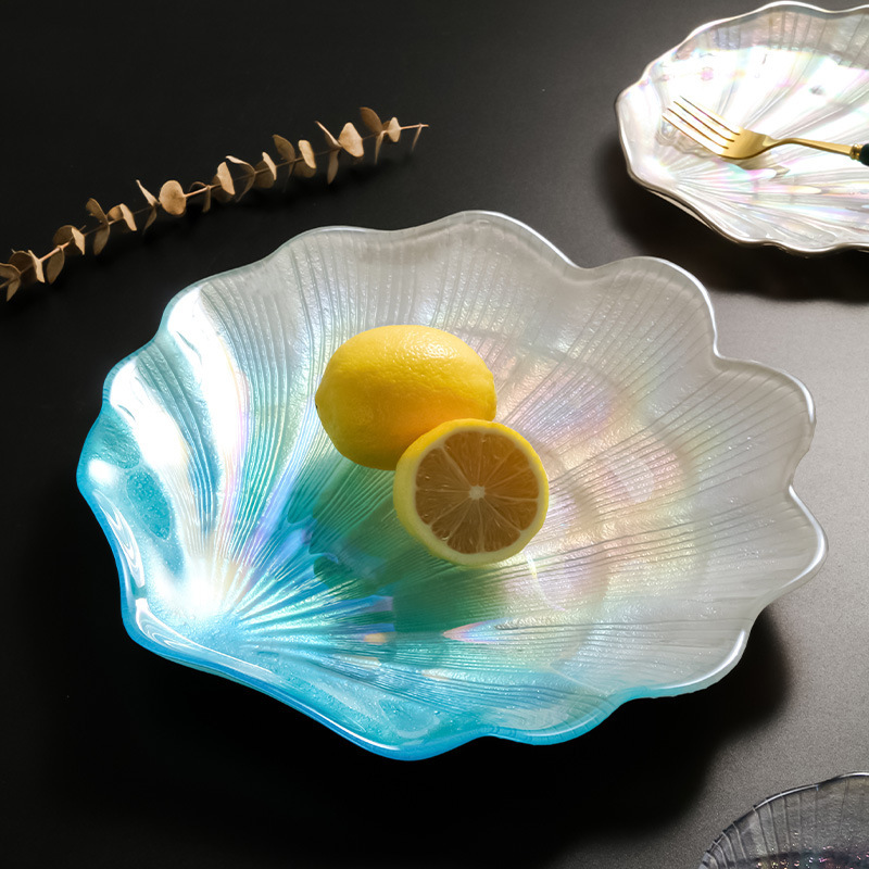 Creative Colorful Glass Shell Plate for Home Use, Ion-Plated Ocean Fruit Plate, European-Style Tray, Snack Display Plate