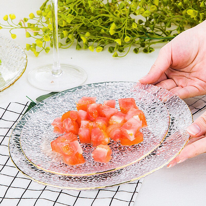 Ostyle Sketching Ice Flower Transparent Glass Dinner Plate Home Party Creative Fruit Sweet Snack Tray Mesh Red Cutlery