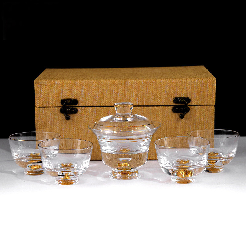 Gold leaf tea set Cover bowl set Tibetan gold tea cup set cover bowl Household gold crystal glass Kung Fu Tea gift box