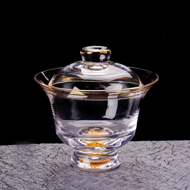 Crystal Gold Leaf Cover Bowl Heat Resistant Glass Sketching Tea Set Gold Cup Three Talents Cup Master Tea Cup Kung Fu Justice Cup
