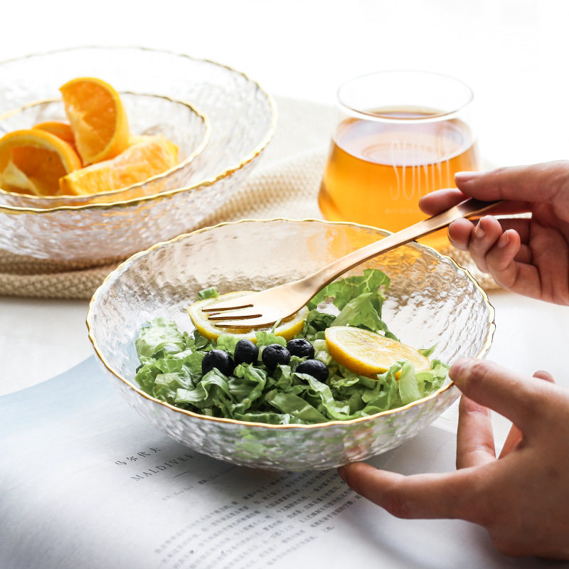 Nordic style creative ice flower dessert glass bowl drawing gold craft household Western food bowl Salad bowl Table decoration bowl