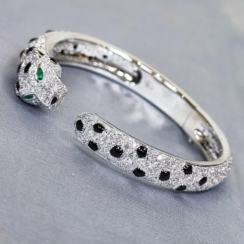 Gold-Plated Leopard Bracelet, Thick Silver Plated with Gold, Wide and Thin, Inlaid with Diamonds, Leopard Head, Starry Sky, Daily Gift for Rich Women