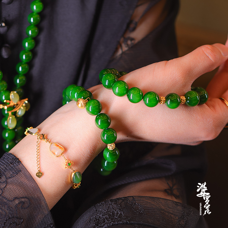 【Brahma Flower】Russian Jade Hetian Jade Ice Bottom Old Mine Bracelet for Women, Spinach Green Round Beads Single Circle Bracelet