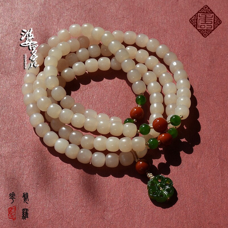 (Borneo Flower) Optimal Hetian Jade Bracelet Card 8 Qinghai Material Smoked Green Lotus Root Powder Old-Type Beads Multi-circle Bracelet Necklace