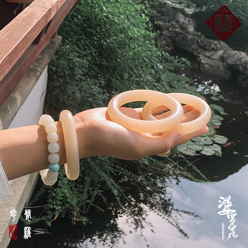 (Boro Flower) Flower Sister Referral Natural Lotus Root Powder Round Bar Lady Bracelet Super Beautiful Qinghai Mountain stock and field jade bracelet