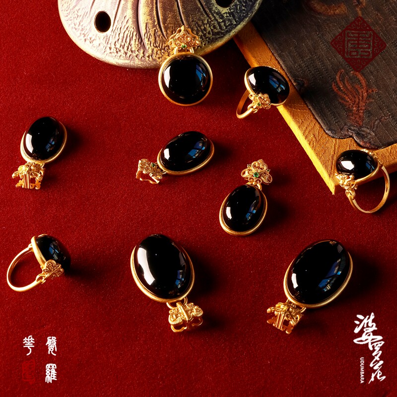 (Boro Flower) Original design Xinjiang and Tian Yu3 Stars Piles Taqing Gluttonous 18K Gold Inlaid Jade Ring Pendant