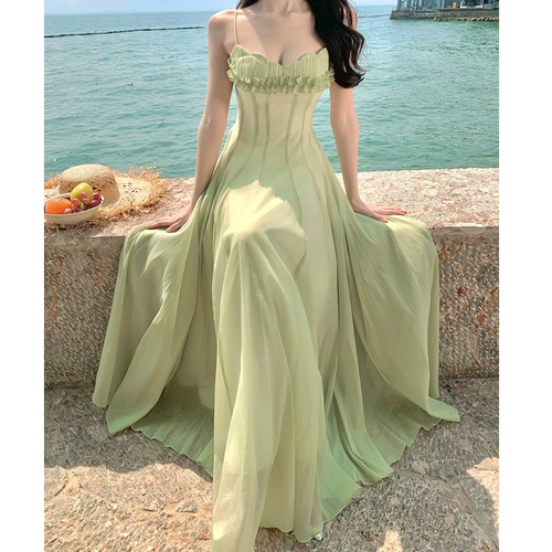 Потрясающее зелено-белое длинное платье с талией на бретельках, летнее платье с чистой талией, сказочный отдых на море