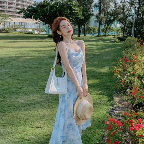 Платье-комбинация, сексуальное пляжное платье, цветочный принт, с открытой спиной, французский стиль, по фигуре