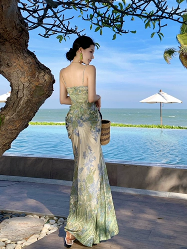 Весенняя длинная юбка, зеленое пляжное платье, французский стиль, в цветочек