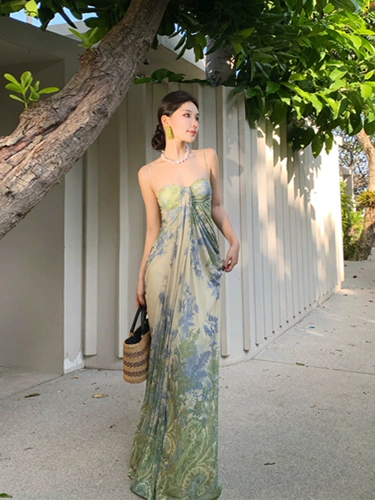 Весенняя длинная юбка, зеленое пляжное платье, французский стиль, в цветочек