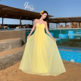 Желтый топ без лямок, длинная юбка, эффект подтяжки, с открытой спиной