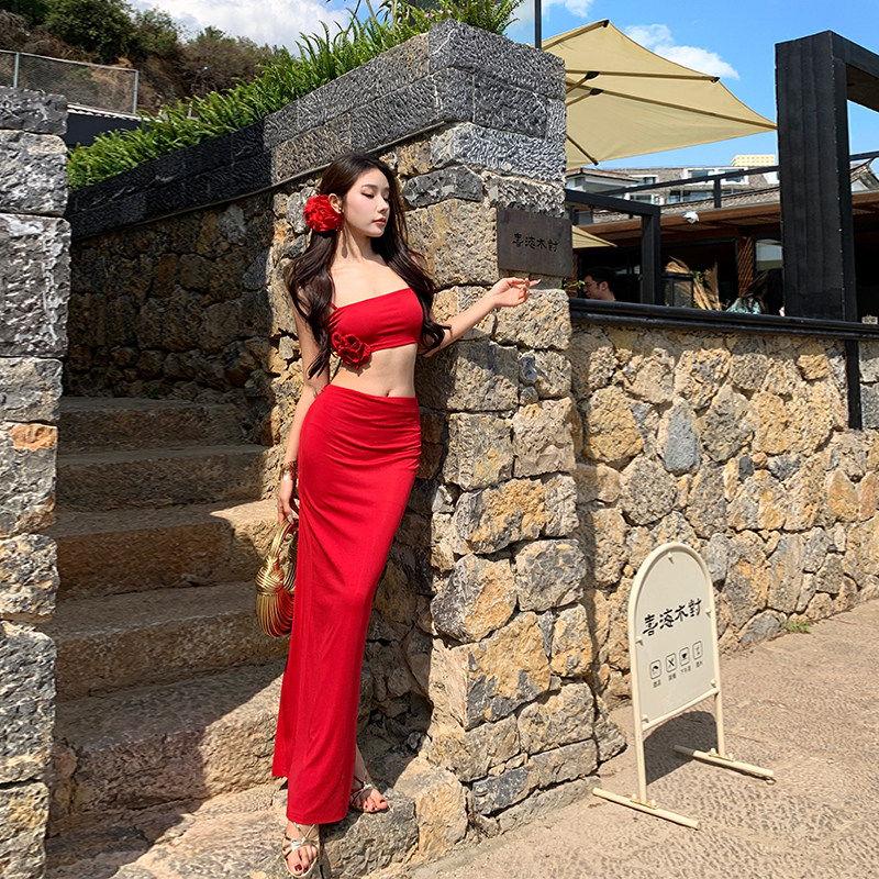 Spicy girl beach outfit set: red bodycon mini skirt two-piece set, beach  vacation dress for