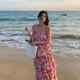 French seaside photo clothes super fairy holiday floral dress suspenders cake skirt slim beach skirt female summer