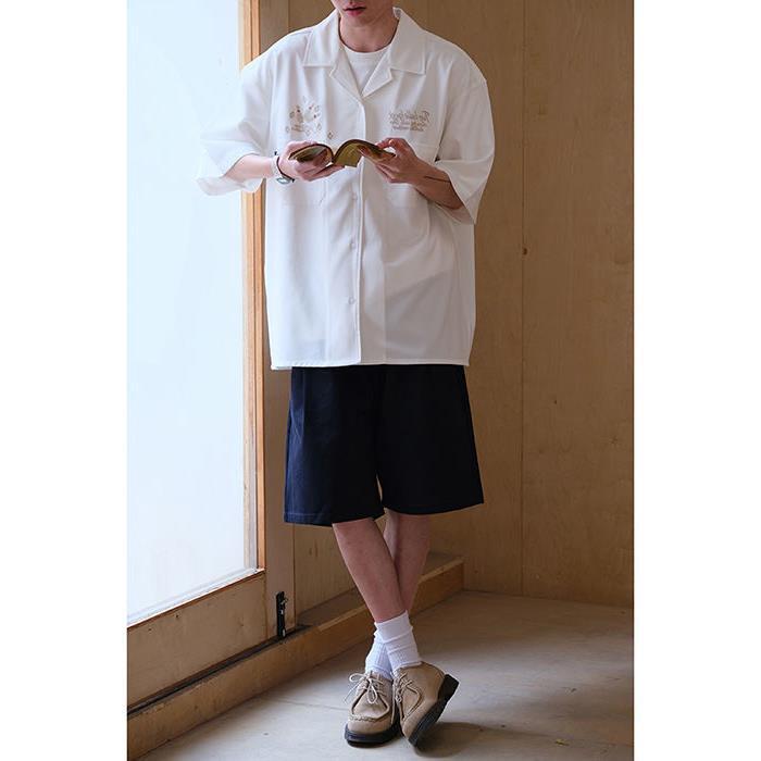 American Workwear Short-Sleeved Shirts for Men and Women, Retro Tops, Loose Cuban Collar Bowling Embroidered Half-Sleeved Couple Shirts