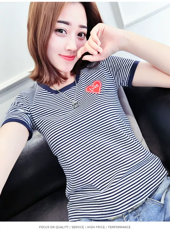 Áo thun sọc ngắn tay nữ sinh viên mùa hè Hàn Quốc Phụ nữ hoang dã thon gọn áo sơ mi nửa tay áo sơ mi nữ - Áo phông