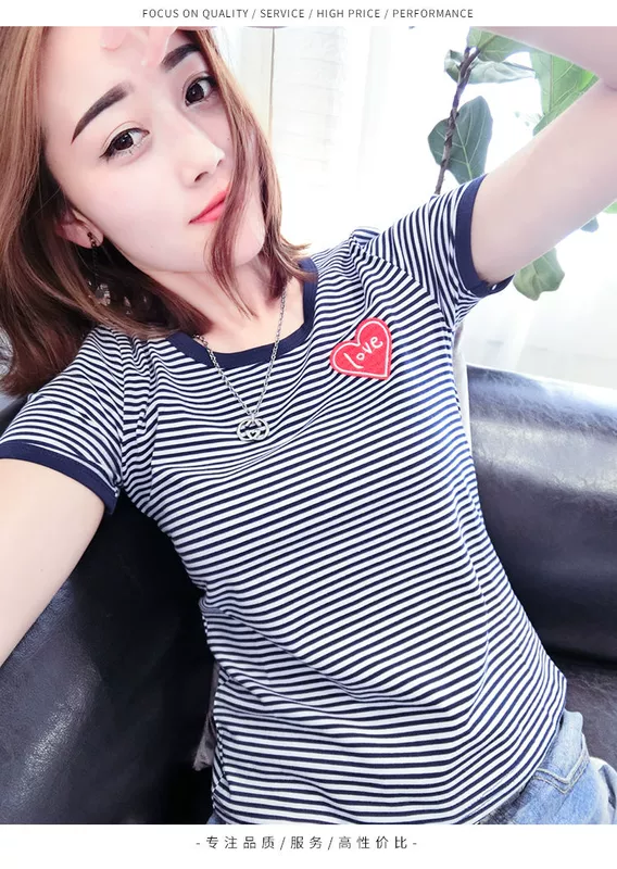 Áo thun sọc ngắn tay nữ sinh viên mùa hè Hàn Quốc Phụ nữ hoang dã thon gọn áo sơ mi nửa tay áo sơ mi nữ - Áo phông