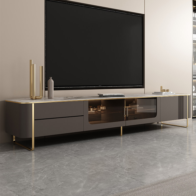 Rock plate TV cabinet Tea Table Composition Living Room Furniture Modern Light Lavish Grey Grilled Lacquered Minimalist Luxurious Lockers