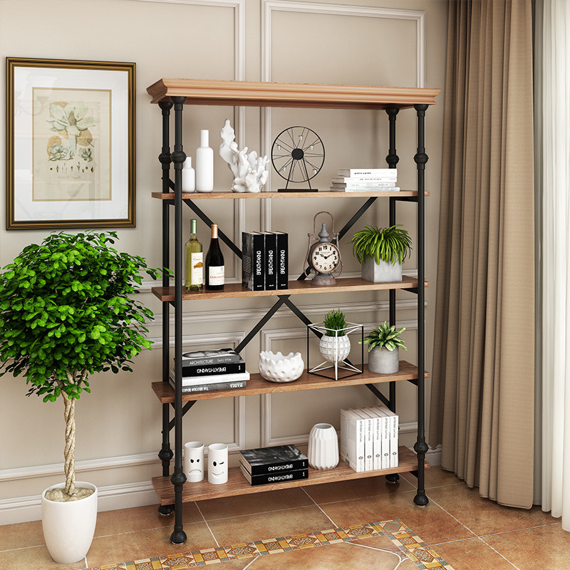 Loft wrought iron retro rack solid wood creative storage layer shelf kitchen industrial style living room American bookshelf floor