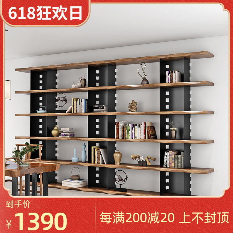 American Solid Wood Bookshelf Living Room Whole Wall Bookcase Office Display Rack Leaning Against Wall Iron Art Exhibition Shelf