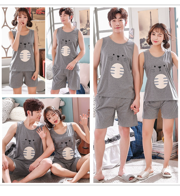 Mùa hè cặp đôi nam thanh niên không tay áo vest cotton pijama nữ mùa hè học sinh trung học cơ sở quần ngắn áo vest - Pyjama