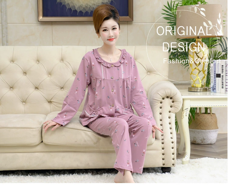 Bộ đồ ngủ nữ dài tay cotton tinh khiết cho người trung niên và người già mỏng manh mẹ mùa xuân và mùa thu phù hợp với size lớn trung niên rộng rãi phục vụ tại nhà - Pyjama