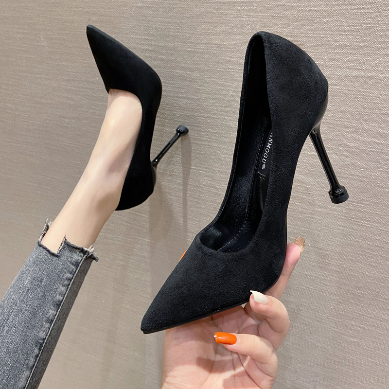 2026 New Spring and Autumn Black Comfortable High-Heeled Shoes for Women, Stiletto Professional Work Shoes, Pointed Toe Suede Versatile Single Shoes