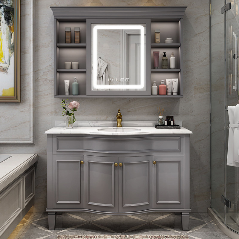 American Bath Room Cabinet Ground Oak Wood Smart Hand Wash Table Solid Wood Mirror Cabinet Washbasin Cabinet Combination Makeup Dressing Room Wash table