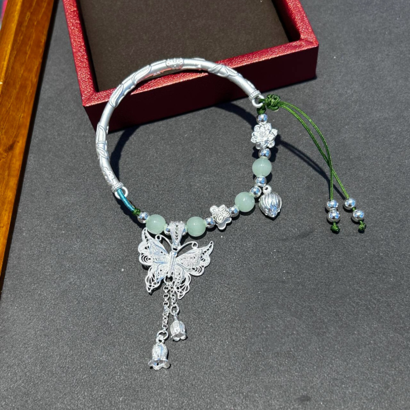Pure Silver 999 Butterfly Half Bracelet, New Chinese Style Pure Silver Bamboo Chain, Lotus Woven Silver Bracelet, Gift for Girlfriend Pure Silver 999 Butterfly Half Bracelet, New Chinese Style Pure Silver Bamboo Chain, Lotus Woven Silver Bracelet, Gift for Girlfriend