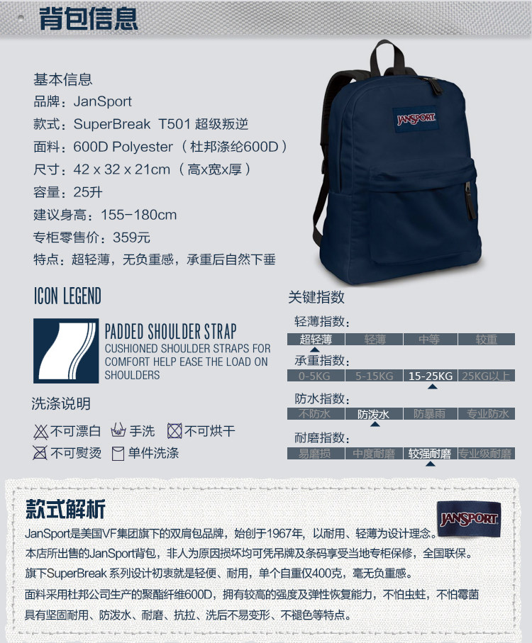 美国 JanSport T501 超级叛逆 校园双肩背包 图1