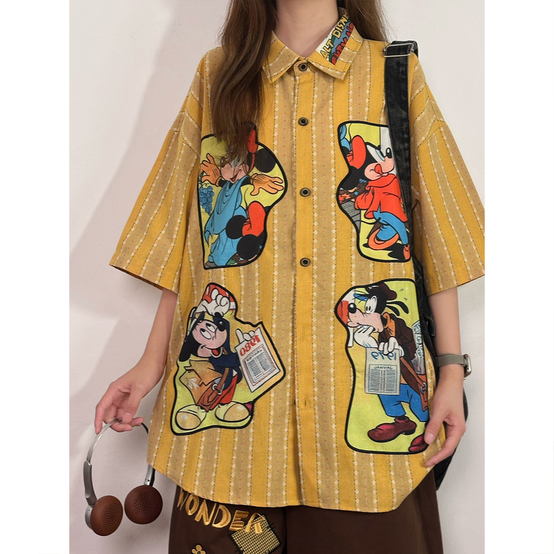 Soldout Original Summer American Retro Fun Cartoon Mickey Mouse Striped Short-Sleeve Shirt Women's Top Trendy