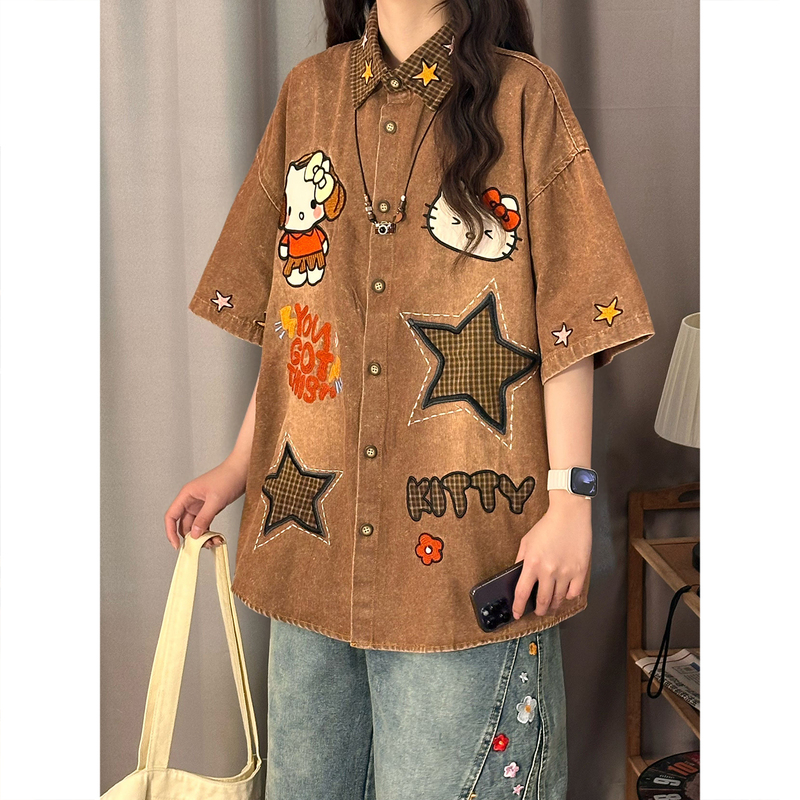 Soldout Original American Retro Cute Kt Cat Embroidered Denim Short-Sleeve Shirt for Women, Summer Loose Top, Trendy Soldout Original American Retro Cute Kt Cat Embroidered Denim Short-Sleeve Shirt for Women, Summer Loose Top, Trendy