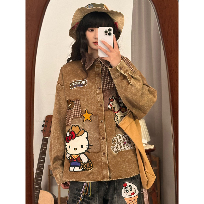 Soldout Original Retro Childlike Cartoon Kt Cat Embroidered Patchwork Denim Long Sleeve Shirt Women's Loose Shirt