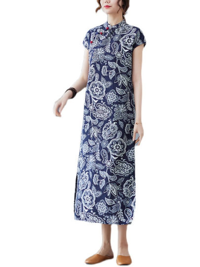 Ramie cheongsam skirt loose slimming ethnic style improved long skirt large size tea suit fat girl Zen linen dress