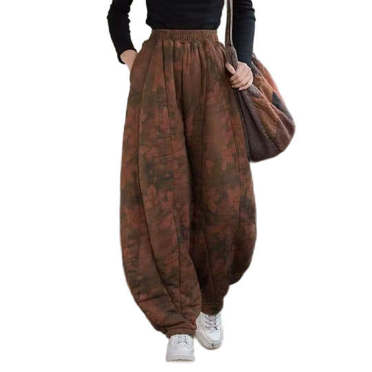 2025 autumn and winter new loose large size cotton and linen quilted bloomers high waist thickened retro printed casual cotton pants for women