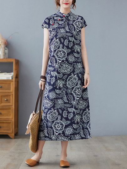 Ramie cheongsam skirt loose slimming ethnic style improved long skirt large size tea suit fat girl Zen linen dress