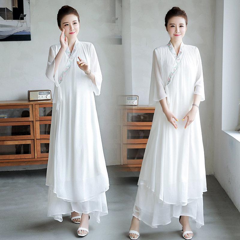 Summer Plus-Size Women's Elegant Hanfu Cotton and Linen Dress, Large Size Women's Clothing, Age-Reducing Loose Short-Sleeved Chiffon Long Dress, Tea Dress