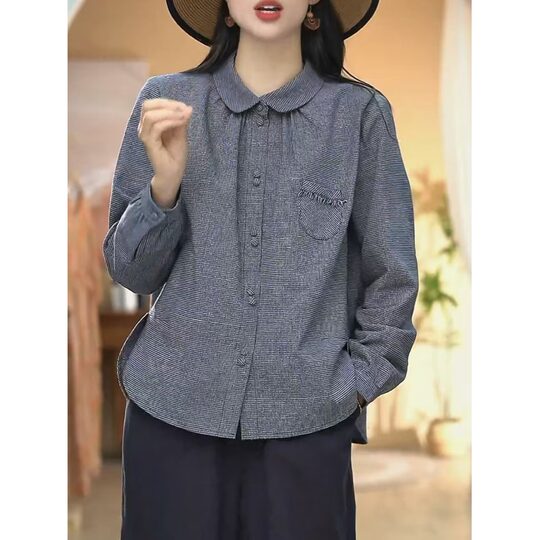 Plus size women's clothing for fat mm 2025 spring and autumn loose and versatile design fashion shirts striped long-sleeved shirt tops