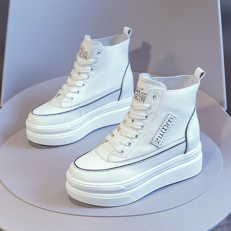 Inner high-rise leather platform Martin boots women's autumn 2023 new high-top leather white shoes spring and autumn strappy casual shoes 