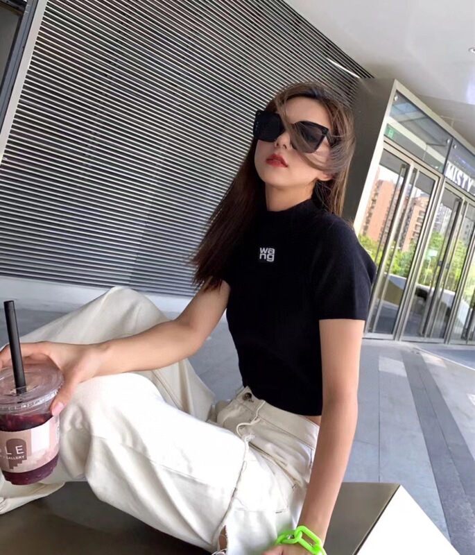 Dawangjia Letter Short-Sleeve T-Shirt for Women, Short and Slim-Fitting, Elegant Black Half-High Collar Wang Knit Base Shirt for Spring and Summer