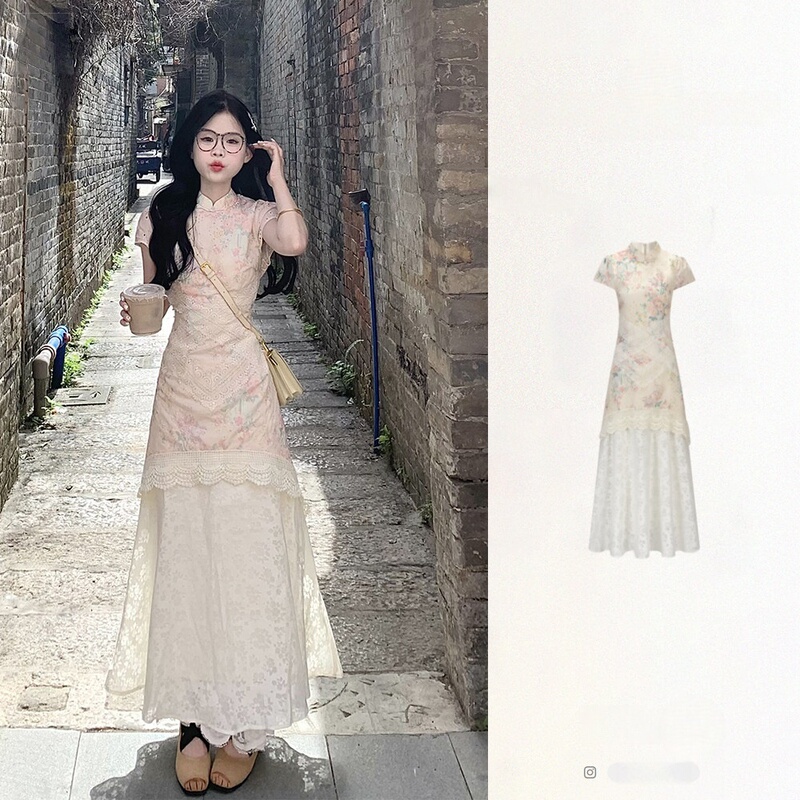 New Chinese-Style Retro Improved Dress for Women, Summer New Design with Lace Hollow-Out Floral Cheongsam Dress