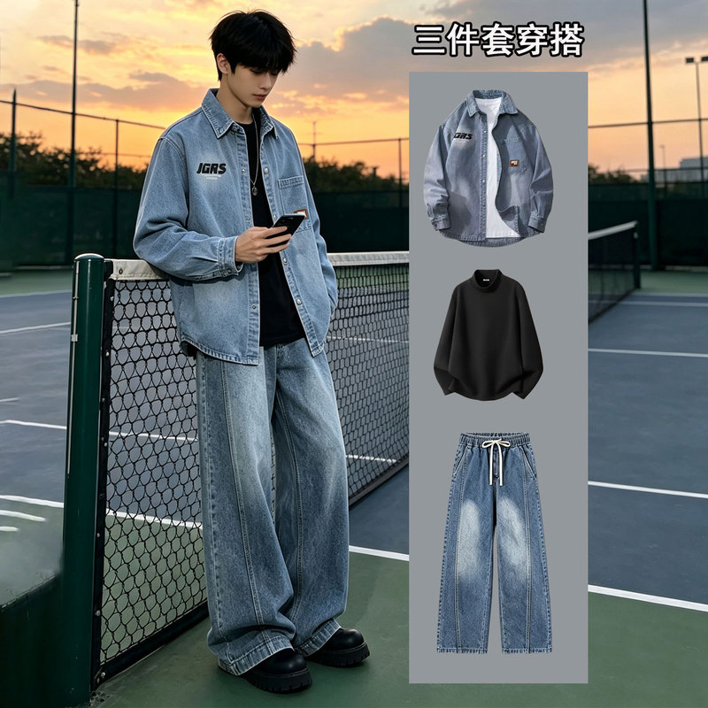 Original Design Spring and Autumn Denim Shirt Jacket Men's Suit Stylish Men's Three-Piece Set with Jeans Original Design Spring and Autumn Denim Shirt Jacket Men's Suit Stylish Men's Three-Piece Set with Jeans