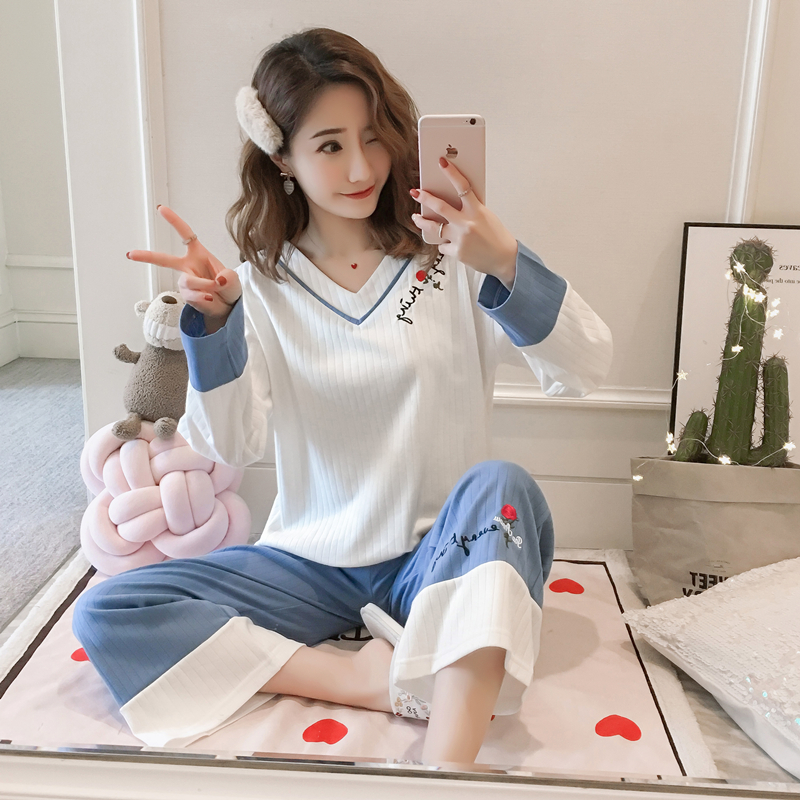 2021 New Trendy Fashion Pyjamas Woman Pure Cotton Long Sleeve V Collar Pants Tube Pants Loose large size Sizes Home Suit Suit