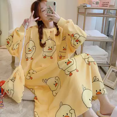 Coral velvet long version over-the-knee night dress female autumn and winter thickened Korean version of student cute flannel fat mm large size pajamas